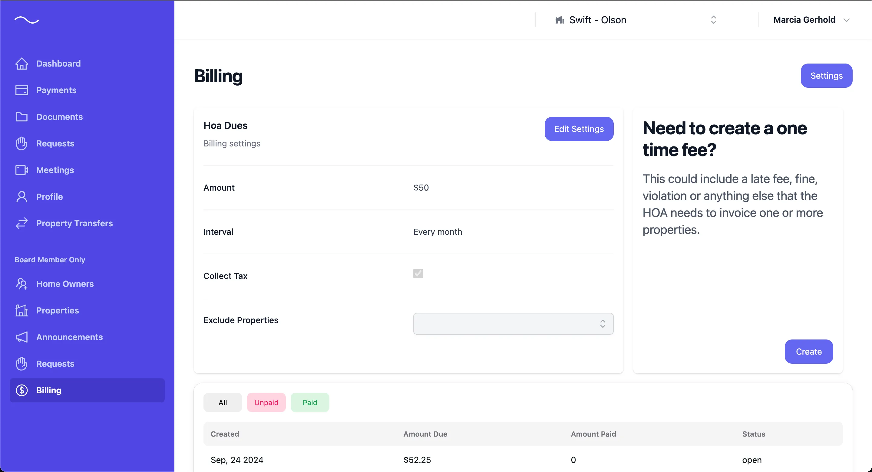 Screenshot of the HOA Companion owner billing interface for easy payment tracking and invoice management.
