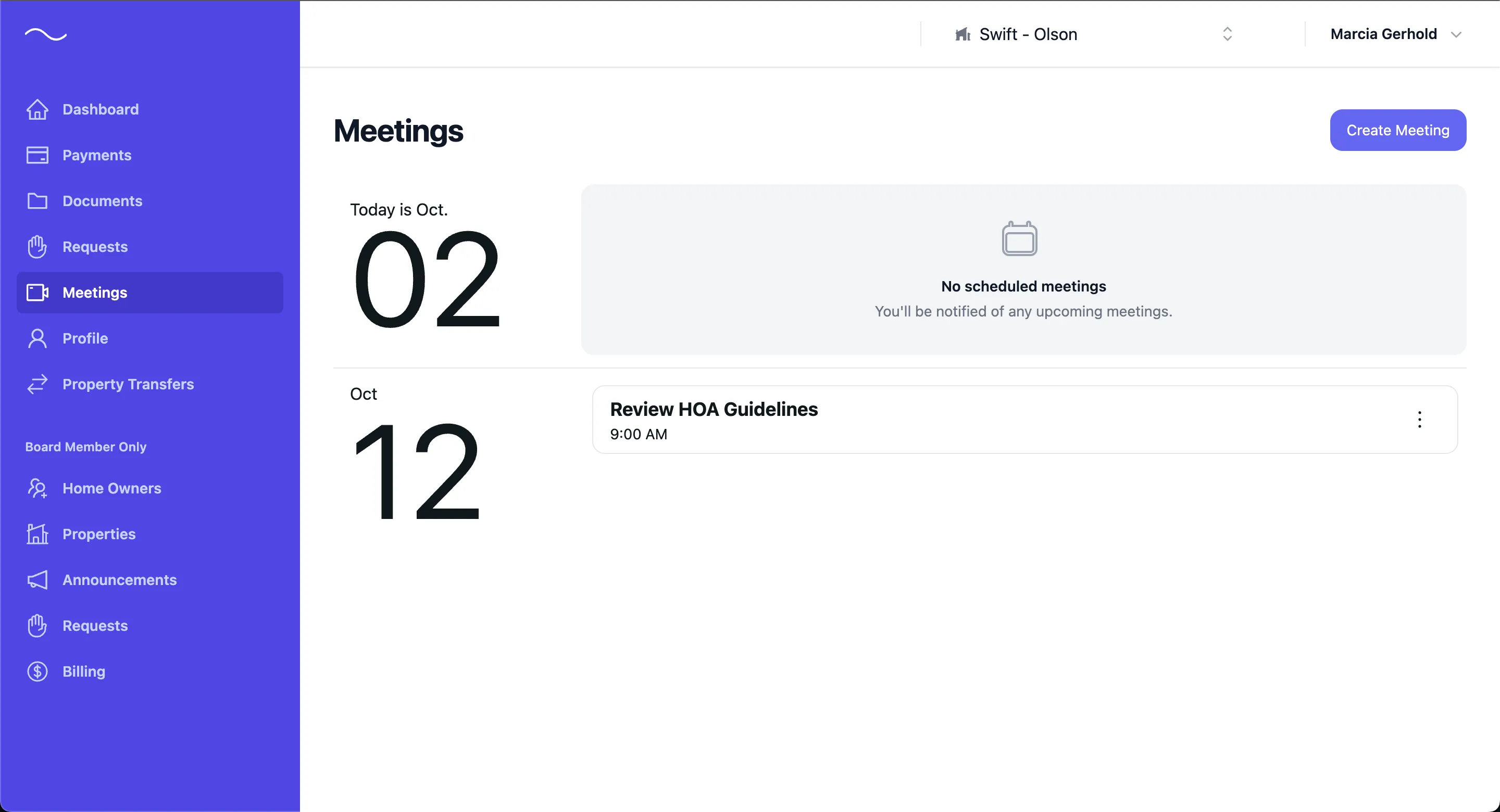 Screenshot of the HOA Companion meeting feature for hosting virtual HOA board and homeowner meetings.